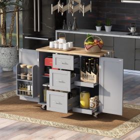 K&K Rolling Kitchen Island with Storage, Kitchen Cart with Rubber Wood Top, 3 Drawer, 2 Slide-Out Shelf and Internal Storage Rack