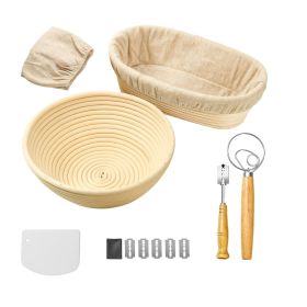 Complete Bread Baking Kit Banneton Proofing Basket Set 9In Round And 10In Oval Basket With Linen Liner Lame Dough Scraper Blender Whisk